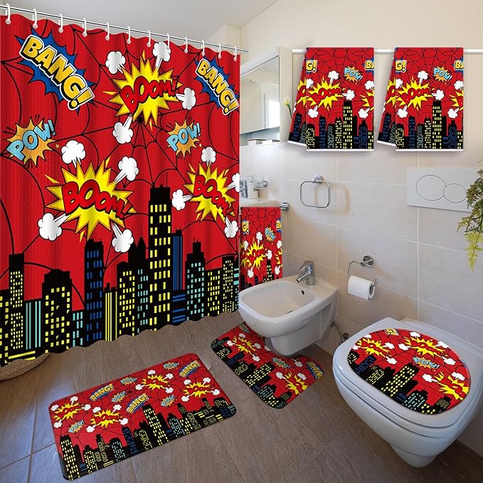 Nuanchu 6 Pcs Hero Themed Shower Curtain Set with Rug Bathroom Sets with Shower Curtain Bath Mat U Shaped Mat Toilet Lid Cover 2 Bath Towels and 12 Hooks Red Hero Themed Bathroom Decor