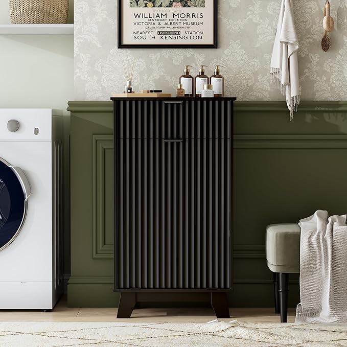 Double Tilt Out Laundry Hamper Cabinet, 20 Gallon Wooden Trash Can Cabinet with Storage Drawers, Hidden Fluted Garbage Can Holder for Kitchen, Living Room (Black, 20.47" W x 35.83" H x 13" D)