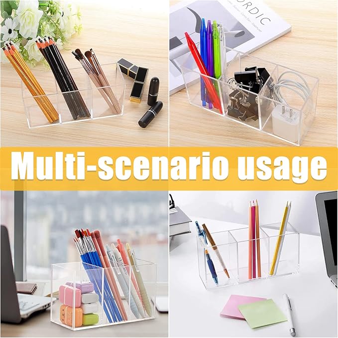 Clear Makeup Brush Organizer,Acrylic Cosmetic Brushes Storage Holder with 3 Slots,Pencil Pen Holder for Desk,Desk Organizer and Accessories for Vanity