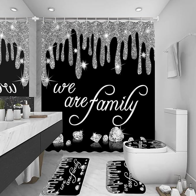 4Pcs Family Glitter Diamond Shower Curtain Sets, Black Famliy Shower Curtain with Toilet Lid Cover and Rugs, Luxury Bling Shiny Shower Curtains for Home Bathroom Set Decor with 12 Hooks, 72 x 72 inch