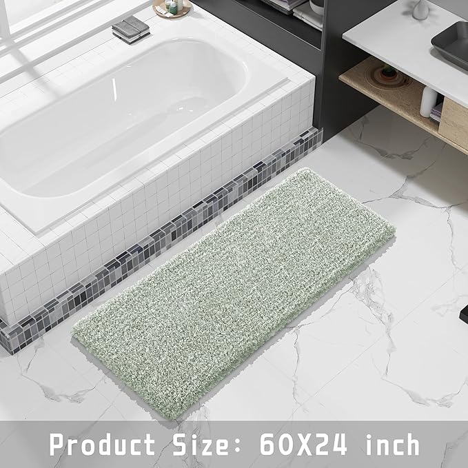 Yimobra Luxury Bathroom Rugs, Fluffy Bath Mats, Non Slip, Water Absorbent Microfiber, Machine Washable, Plush Runner Shower Rugs, Thick Matts for Bathroom Floor&Tub, 60"x 24", Light Green and White