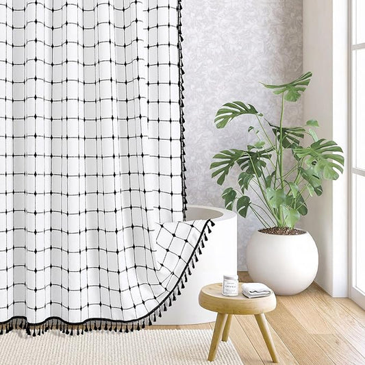 MitoVilla White Black Boho Shower Curtains for Modern Farmhouse Bathroom Decor, Ivory Country Thick Polyester Linen Fabric Cloth with Tassel, 72 x 72