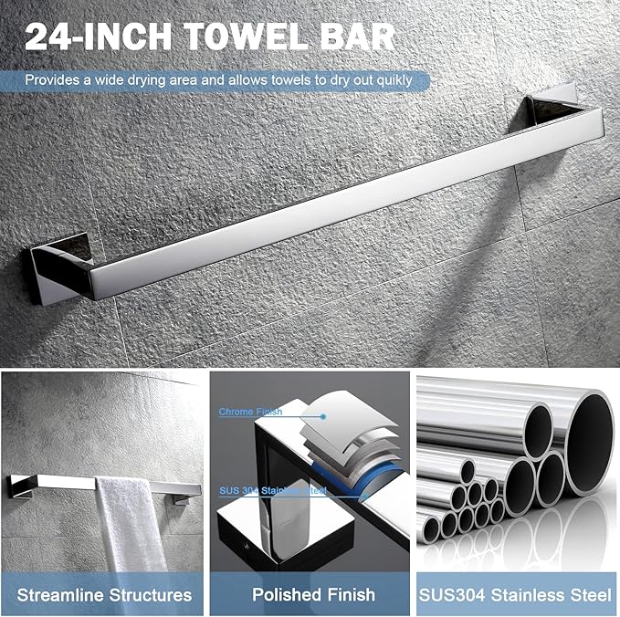 VELIMAX Premium Stainless Steel 4 Pieces Bathroom Hardware Accessories Set Wall Mounted Towel Bar Set, Polished, 24-Inch