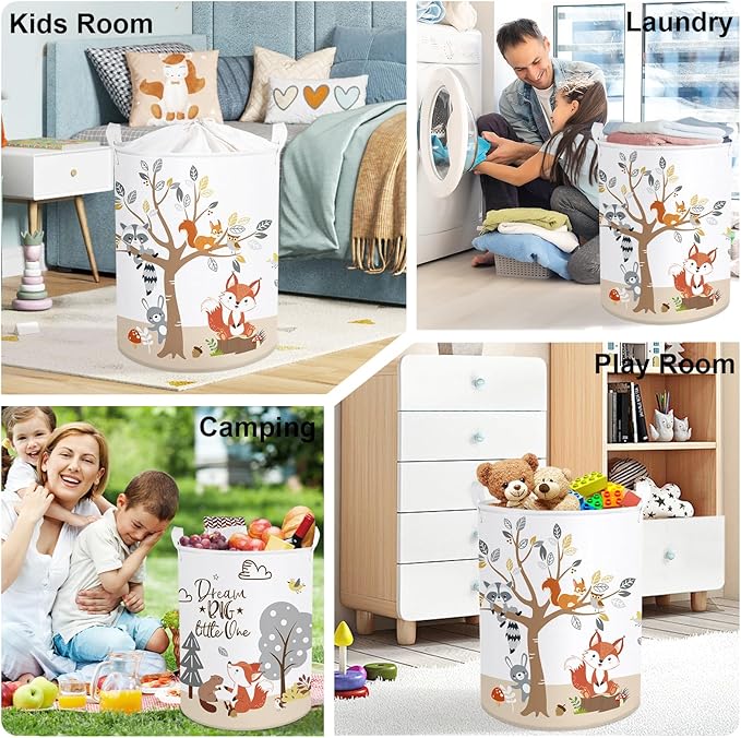 Forest Animals Laundry Hamper Woodland Tree Large Storage Basket Parents Organizer Kids Clothes Toy Bins for Bedroom, Bathroom, Fox, 63L
