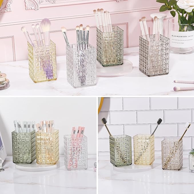 DASITON Makeup Brush Holder Organizer, Acrylic Makeup Brush Cup, Diamond Striped Make Up Brush Holder for Vanity, Bathroom Countertop, Toothbrush Holders, Pen Holder for Desk Storage (Clear)
