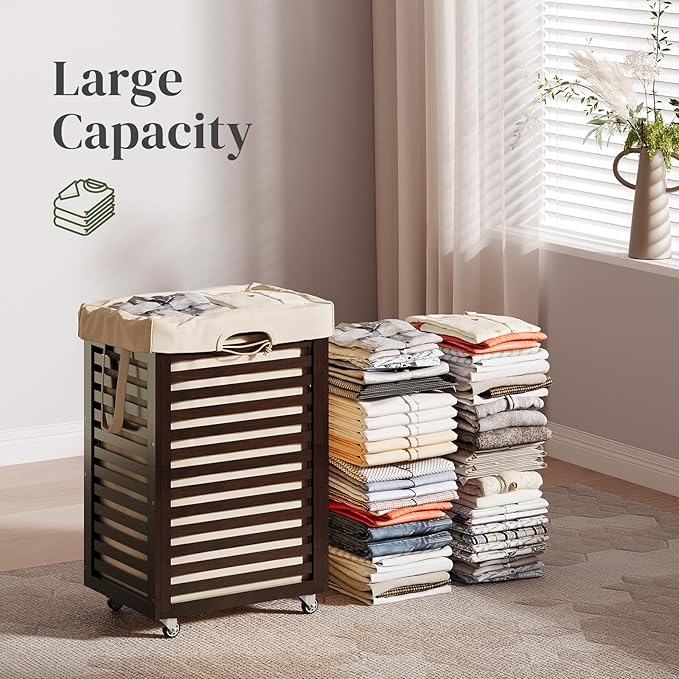 Laundry Hamper with Wheels, Laundry Basket with Liner, 85L Large bamboo Laundry Clothes Laundry Hamper, Liner with Handles, Dirty Clothes Storage Cart For Laundry Room, Dorm, Bedroom, Bathroom(Coffee)