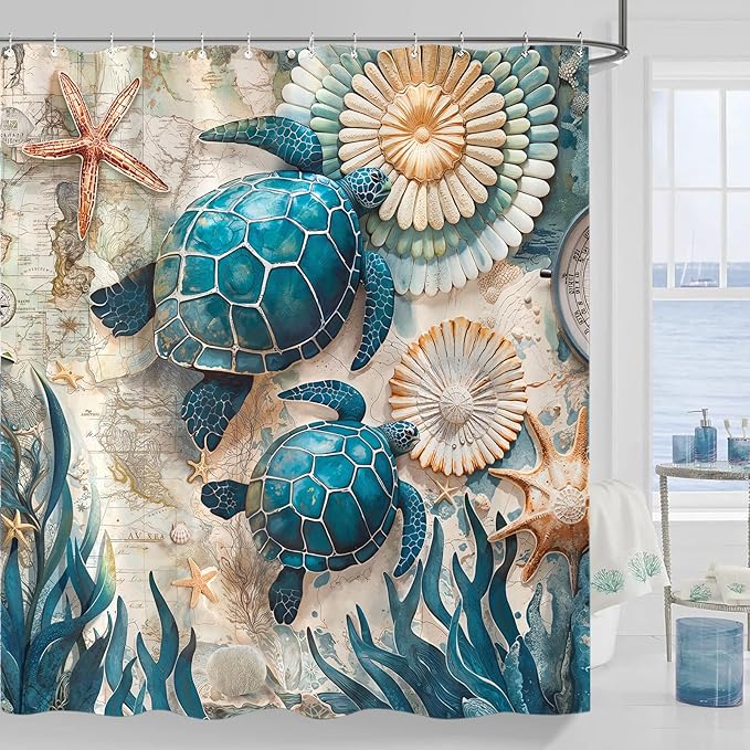 84 Inch Extra Long Nautical Sea Turtle Shower Curtain Vintage Ocean Teal Blue Turtles Seashell Starfish Shower Curtains for Bathroom 3D Retro Map Beach Coastal Waterproof Fabric Bath Curtain Decor