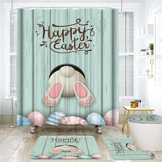 4Pcs Blue Easter Shower Curtain Sets with Rugs, Easter Peeps Shower Curtains for Bathroom Decor Set, Waterproof Easter Bunny Bathroom Curtains Shower Set,12 pcs Hooks, 71 x 71in