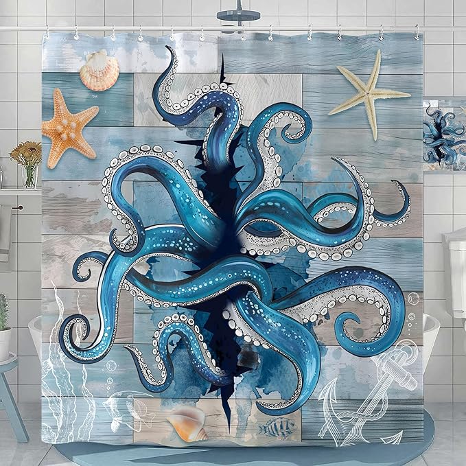 Accnicc Navy Blue Octopus Shower Curtain Funny Ocean Nautical Kraken Seashell Starfish Shower Curtains for Bathroom Beach Coastal Wooden Cool Unique Waterproof Fabric Bath Curtain Decor 72 X 72 Inch