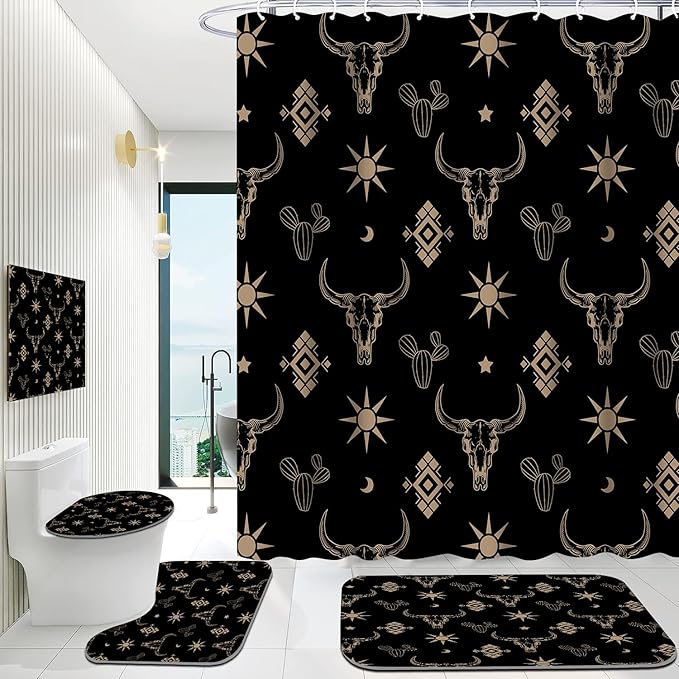 4Pcs Cow Skull Western Shower Curtains for Bathroom Decor Sets with Rugs, Sun and Cactus Farmhouse Shower Curtain for Bathroom, Black Gold Washable Fabric with 12 Hooks, Set de baño completo