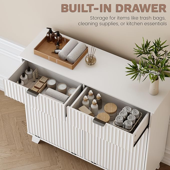 Double Tilt Out Laundry Hamper Cabinet, 20 Gallon Wooden Trash Can Cabinet with Storage Drawers, Hidden Fluted Garbage Can Holder for Kitchen, Living Room (White, 39.34" W x 35.83" H x 13" D)