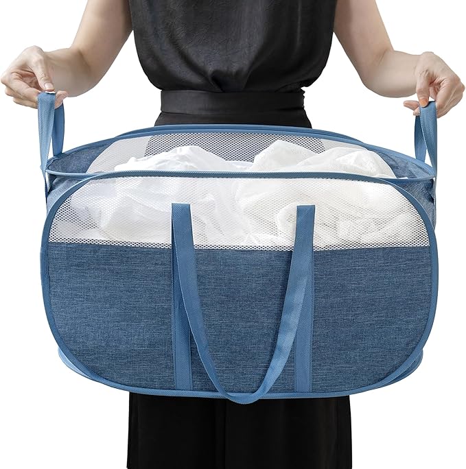pop-up laundry basket???with Durable Handles collapsible Mesh laundry Hamper,Easy to Open and Fold,Premium Cationic Fabric?€? (Cationic blue)