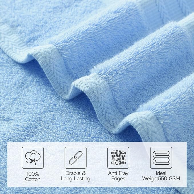 REDKISS 8 Piece Blue Towels Set - 100% Cotton Towels Set with 2 Large Bath Towels, 2 Hand, 4 Washcloths, 600 GSM Highly Absorbent Bath Towel Sets, Blue Quick Dry Shower Towel for Family Dorm Gym