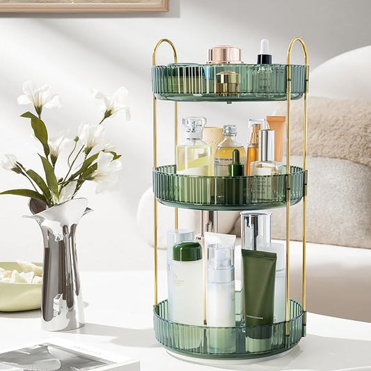 360-Degree Rotating Makeup Organizer, Cosmetic Storage Display Case for Bathroom Vanity Countertop, Skincare and Perfume Storage Organizers, Jewelry Dresser Organizer, 3-Tier, Green