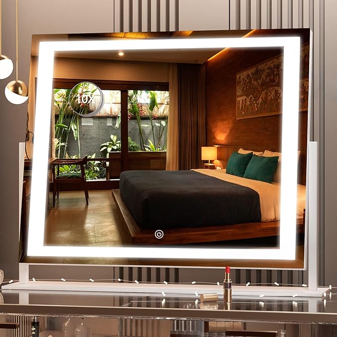 Hasipu Vanity Mirror with Lights, 24.2" x 19.7" LED Makeup Mirror, Light up Mirror with 10X Magnification, Smart Touch 3 Colors Dimmable, Brightness Adjustment, 360° Rotation (Right Angle White)