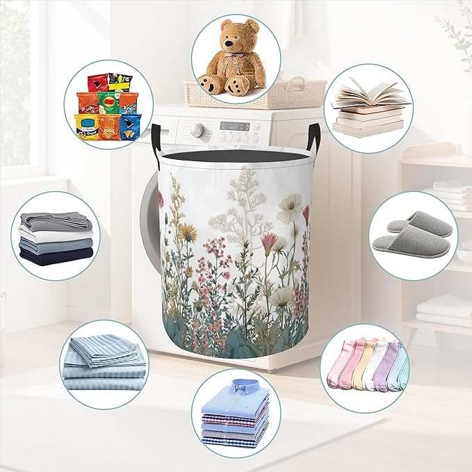 Laundry Basket With Handle, Dirty Clothes Laundry Hamper, Oxford Cloth Bin Storage Organizer for Toy Collection (Wildflower Spring Summer)