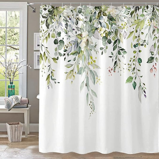 kampdream Green Eucalyptus Plant Shower Curtain, Watercolor Leaves On The Top Shower Curtain, Sage Green Spring Botanical Bathroom Curtain 72 ×72 Inch
