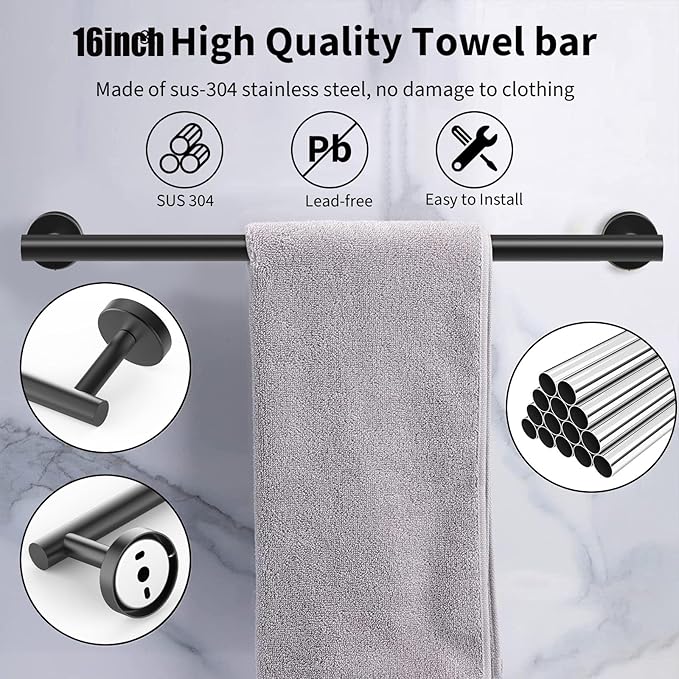 Newfun 16 Inch Matte Black Bathroom Towel Bar, 2Pcs Towel Racks for Bathroom Rod Classic SUS304 Stainless Steel Bathroom Towel Holder Wall Mounted