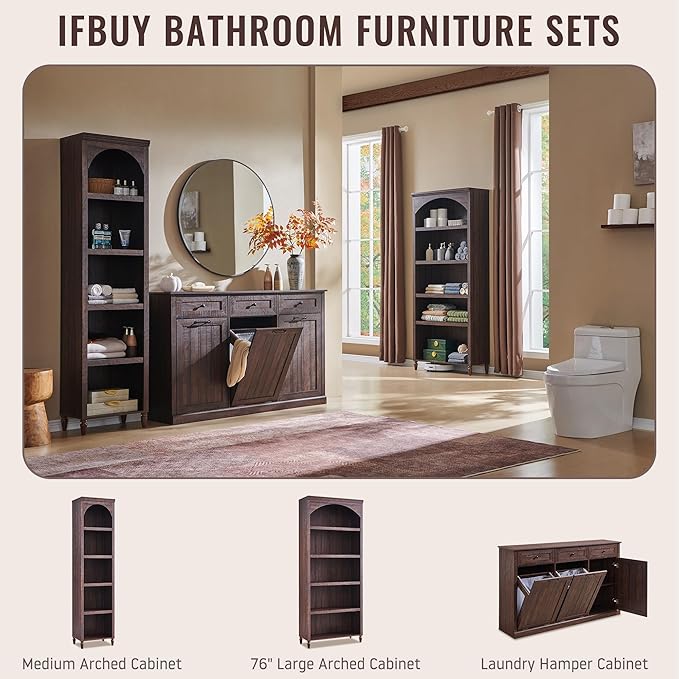 IFBUY Triple Tilt Out Laundry Hamper Cabinet, 20 Gallon Farmhouse Trash Can Cabinet w/Drawer & Adjustable Shelf, Hidden Garbage Can Bin Cabinets w/Laundry Basket for Bathroom, Kitchen (Brown)