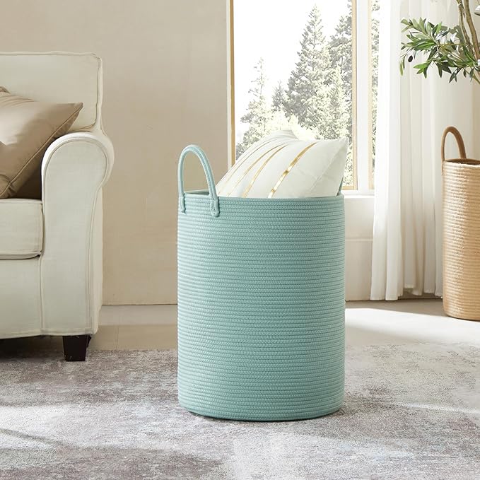 15Dx20H inches Tall Green Hamper Cotton Rope Laundry Basket Woven Hamper for Clothes Blanket Storage in Bedroom Livng Room for Baby Nursery Kids Toys Organize 62L Capacity
