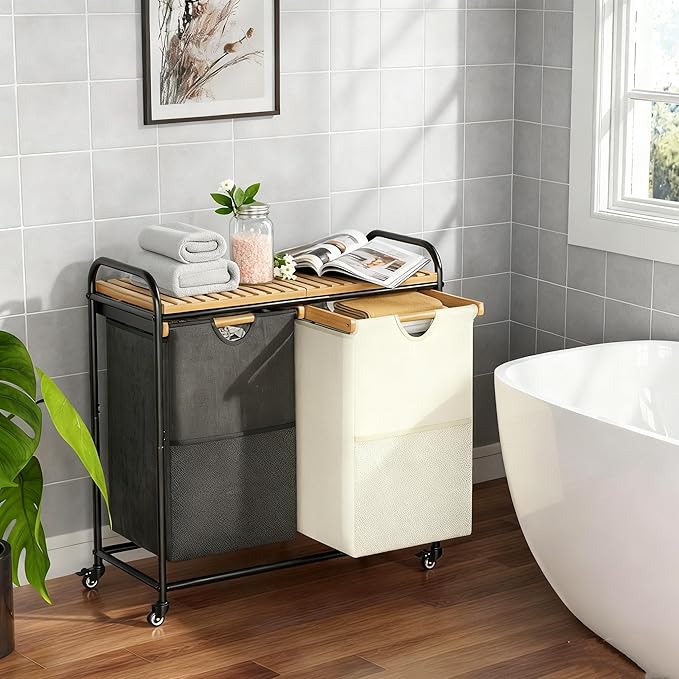 BambooHomie Laundry Sorter 2 Section, Laundry Hampers with Removable Shelf and Pull-Out Bags, Rolling Cart Clothes Hampers Basket with Wheels for Laundry Room Bathroom, 2 x 46 L