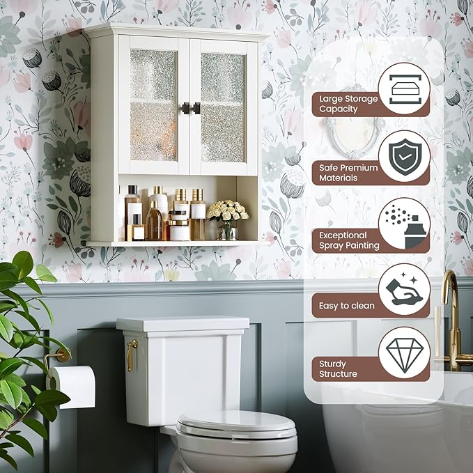Bathroom Cabinet Wall Mount, Over Toilet Storage Cabinet with Glass Door Build-in Spirit Level Cupboard Hanging Medicine Cabinet for Bathroom Laundry Kitchen Living Room (Cream White)