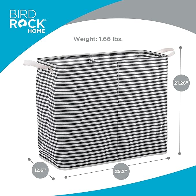 BIRDROCK HOME Collapsible Double Laundry Hamper Basket - Grey & White Stripes Sorter Bin - Compact Dirty Clothes Organizer Bag - Divided Section