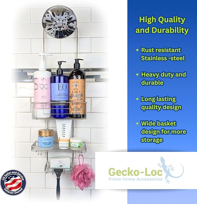 Gecko-Loc SHS-015EXT Extra Long Adjustable Hanging Shower Caddy, Over-the-Showerhead Organizer for Shampoo, Soap, Razors, Rustproof Stainless Steel, Silver