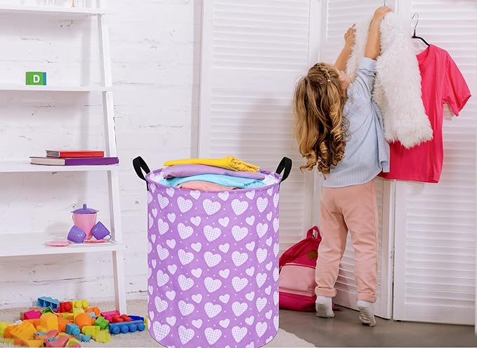 Round Valentine's Heart Pattern Laundry Hamper Clothes Storage Basket Fabric Storage Hamper Organization Storage Bin, Nursery Box,Gift Basket with Handles