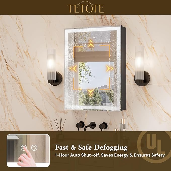TETOTE 24 x 32 LED Bathroom Medicine Cabinet with Adjustable Shelves, Black Aluminum Cabinet, Anti-Fog Stepless Dimmable 3 Colors White/Warm/Natural, Easy to Install(Wall Mount/Recessed)