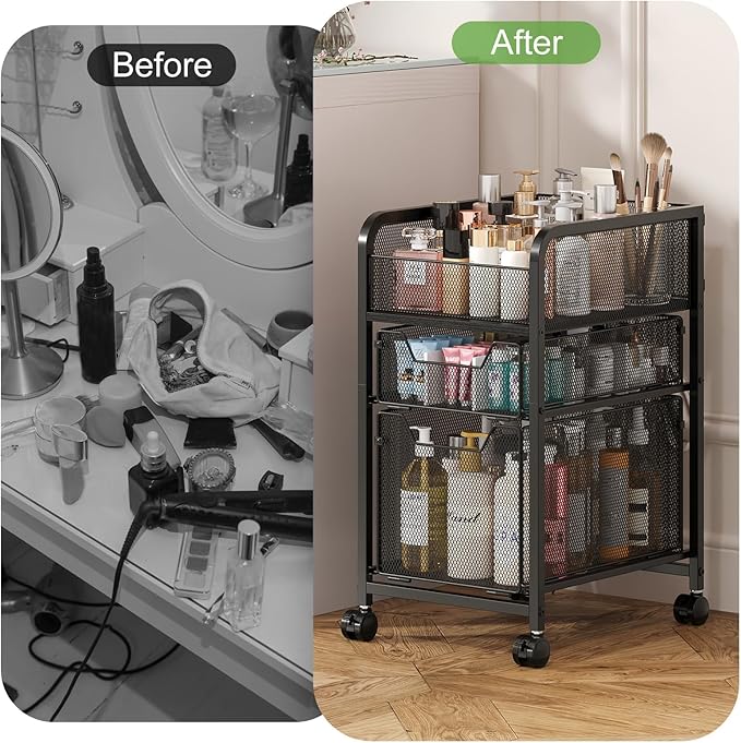 Rolling Makeup Cart Organizer with 2 Drawers, Narrow Floor Skincare Organizers, Vanity Organizer Cosmetics Display Cases Holder for Skin Care Nail Polish Perfume Makeup Brush, Black