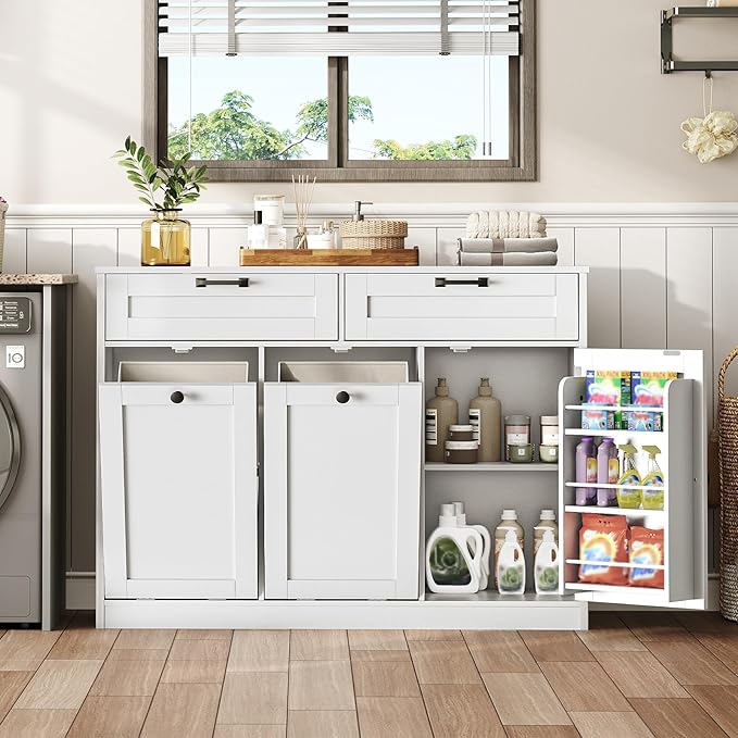 Double Tilt Out Laundry Hamper Cabinet, 43.3" Laundry Cabinet with 2 Removable Baskets, Farmhouse Wooden Hidden Trash Bin Cabinet with Open Shelving, for Bathroom, White