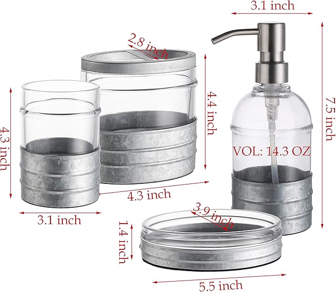 4PCs Heavy Weight Decent Blue Glass Bathroom Accessories Set with Decorative Pressed Pattern - Includes Hand Soap Dispenser & Tumbler & Soap Dish & Toothbrush Holder (Metal)