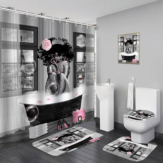 5Pcs Black Girl Shower Curtain Set with Decorative Painting, African American Wall Painting Bathroom Sets with Shower Curtain and Rugs, Trendy Women’s Bathroom Pictures for Wall Art Decor