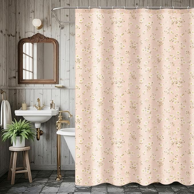 Boao Floral Shower Curtain Linen Farmhouse Cottagecore Spring Shower Curtain Boho Rustic Wildflowers Water Repellent for Bathroom Farmhouse 72" W x 72" L(Daisy Flower)
