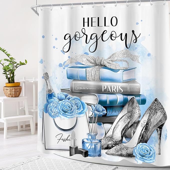 Cinbloo Girly Blue 72Wx72H Shower Curtain Silver Fashion Gray Teal Flower Perfume High Heels Bow Magazine Books Floral Elegant Bathroom Curtain Set Women Girls Bath Bathroom Accessories Decor