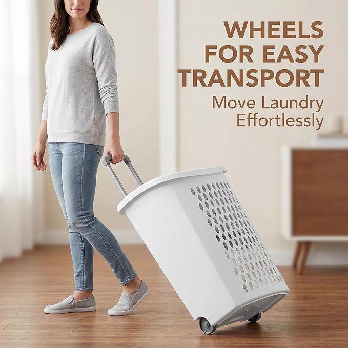 (3PACK) 135L Large-Capacity White Wheeled Laundry Basket, With Ventilation Design, Featuring Handle and Lid. Suitable for Households, Dormitories and Apartments.