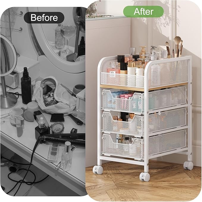Rolling Makeup Cart Organizer with 3 Drawers, Narrow Floor Skincare Organizers, Cosmetics Display Cases Vanity Organizer for Skin Care Nail Polish Perfume Makeup Brush, White