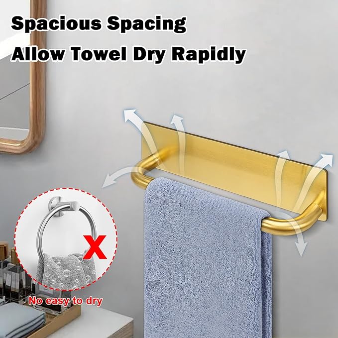 Livabber Self Adhesive Hand Towel Holder- 304 Stainless Steel Hand Towel Bar for Bathroom Kitchen Stick on Wall, Towel Ring No Drilling, 9 Inch (Gold)