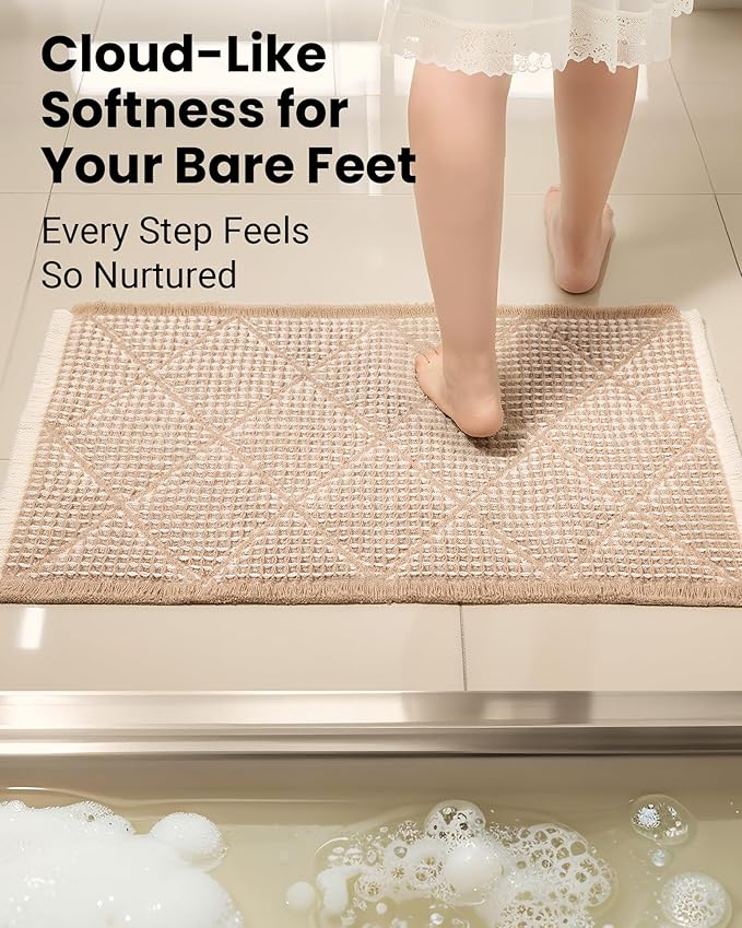 Waffle Bath Mat Set, Non Slip Bathroom Rugs Sets 2 Piece, Ultra Absorbent Long Bath Rug Runner for Bathroom Boho Chic Decor, Machine Washable Floor Mats, Brown & White, 20"×47" Plus 18"×30"