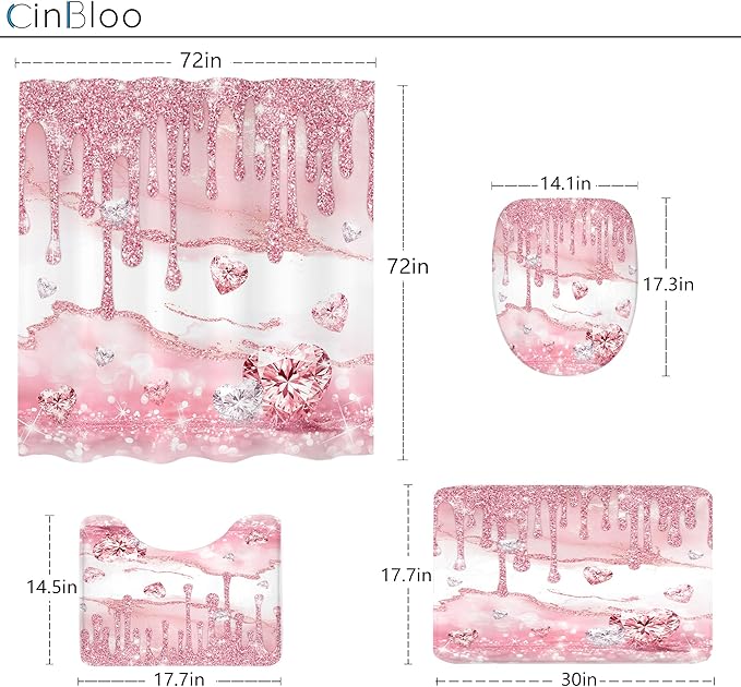 Cinbloo 4Pcs Pink Diamond Shower Curtain Set, Rose Gold Bling Modern Fashion Bathroom Curtain with Rug, Toilet Lid Cover, Bath Mat, Luxury Elegant Women Girls Shower Curtain with 12 Hooks