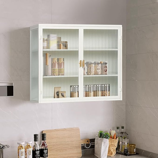 Medicine Cabinet, 27.56" Glass Doors Modern Two-Door Wall Cabinet with Three-Tier Storage for Entryway Living Room Bathroom Dining Room Bathroom Cabinet Kitchen (White3)