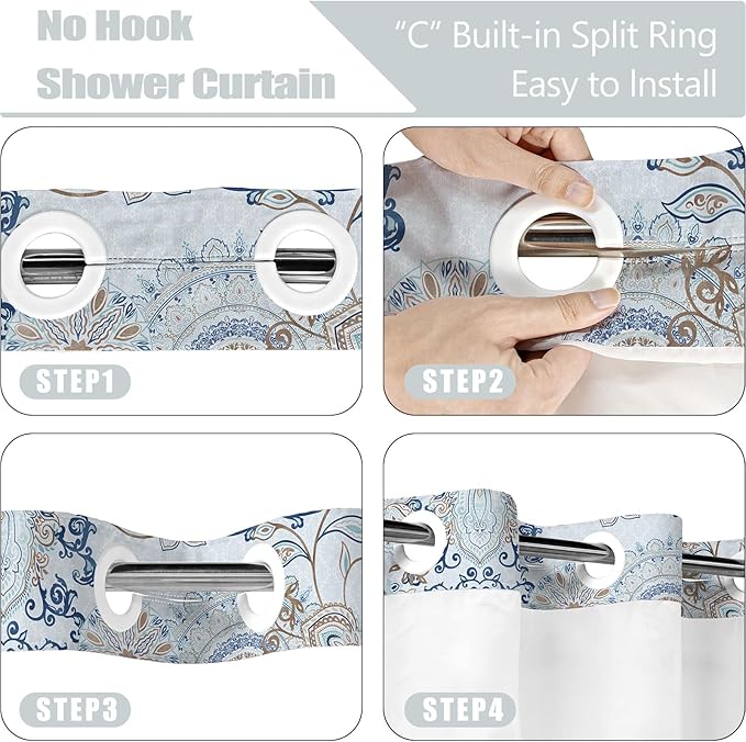 Neasow No Hook Shower Curtain with Snap in Liner, Light Blue and Navy Paisley Floral Curtains with Waterproof Inner Liner for Bathroom, Cool Teal 72×74 inches