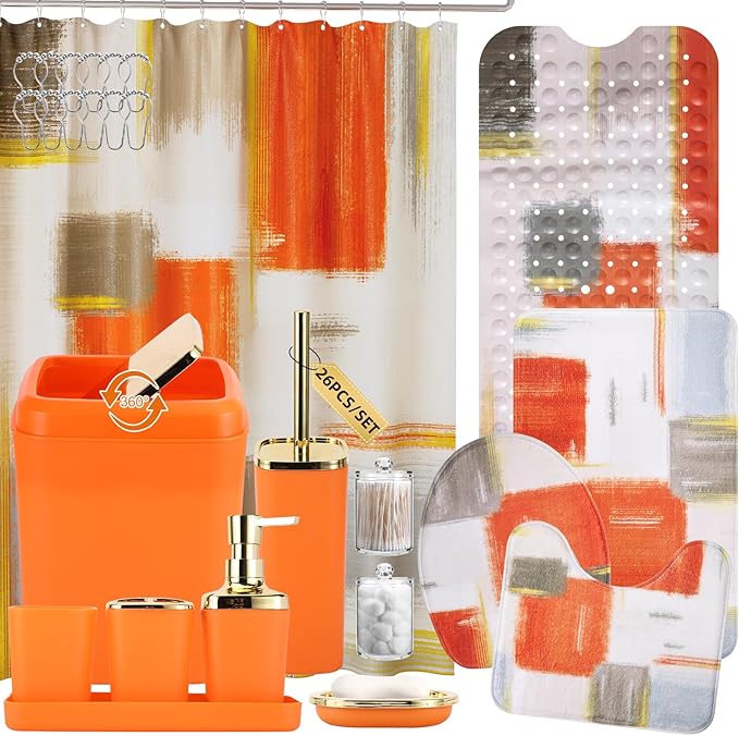 XLHOMO Bathroom Accessories Set - 26PCS Orange Bathroom Set, Bathroom Accessory Set with Shower Curtain and Rugs and Bathtub Mats for Home