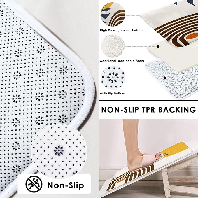 Boho Mid Century Shower Curtain Set with Toilet Lid Cover and Non-Slip Rugs, Modern Abstract 4 Pcs Yellow Sun Minimalist Shower Curtain for Bathroom Set with 12 Hooks
