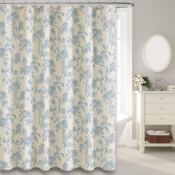 Blue Shower Curtain Floral Cotton Linen Cottagecore Shower Curtain for Bathroom 75" L x 72" W Long