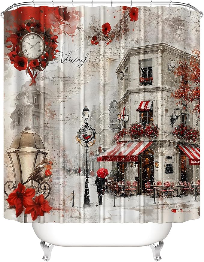 Chrainy 4Pcs Snowy Streets Shower Curtain Sets Red Floral Bathroom Set Decor with Non-Slip Rugs Bath U-Shaped Mat Toilet Lid Cover Waterproof Valentines Bathroom Curtains Shower Set with 12 Hooks