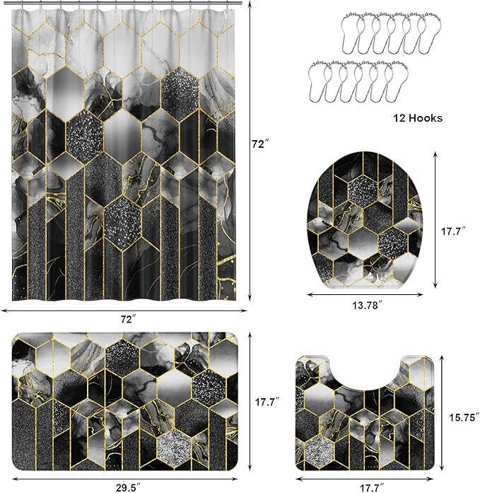 XLHOMO Bathroom Sets with Shower Curtain and Rugs - 4PC Black Geometric Shower Curtain Set with 12 Hooks, Toilet Cover, U-Shaped Mat and Rugs Modern Abstract Bathroom Accessories for Bathroom