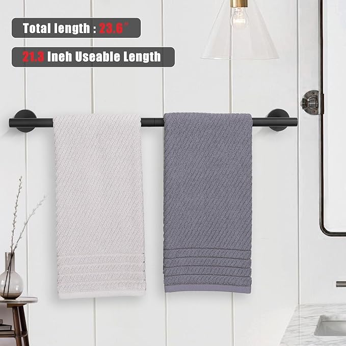 TURS Bath Towel Bar 23.6 Inch Towel Rack Stainless Steel Round Towel Holder Matte Black Wall Mounted