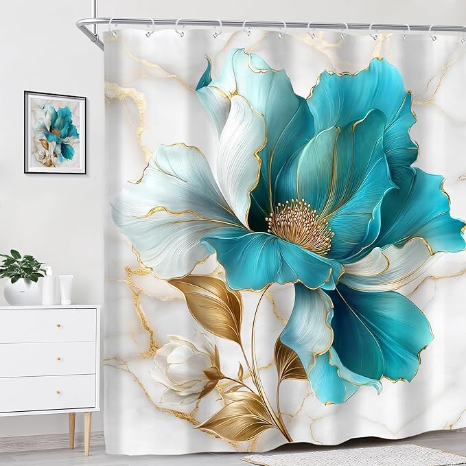 Riyidecor Teal Gold Marble Floral Shower Curtain for Bathroom Decor 72Wx78H Abstract Turquoise Golden Ombre Flower Luxury Modern Simple Art Printed Fabric Polyester Waterproof 12 Pack Plastic Hooks